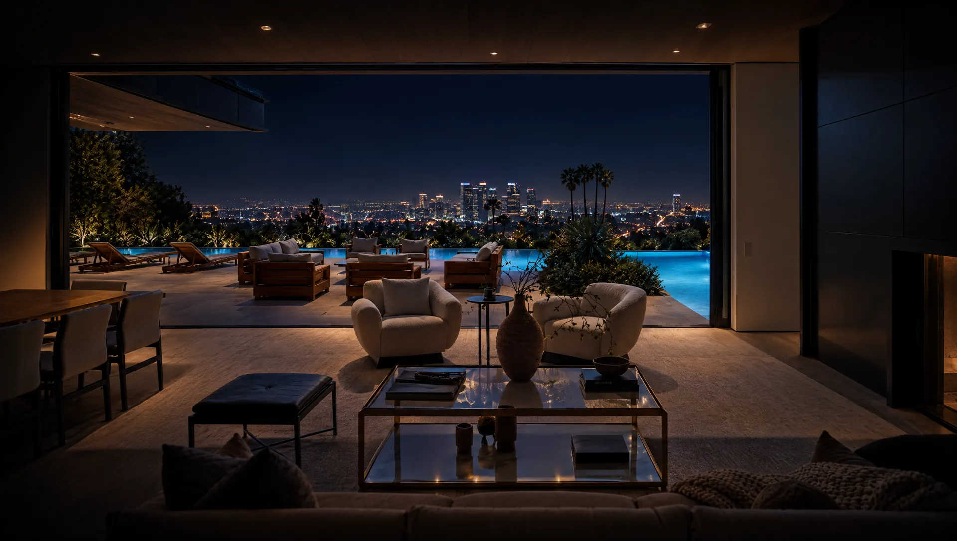 Living room opening onto a pool terrace overlooking the Los Angeles skyline at night