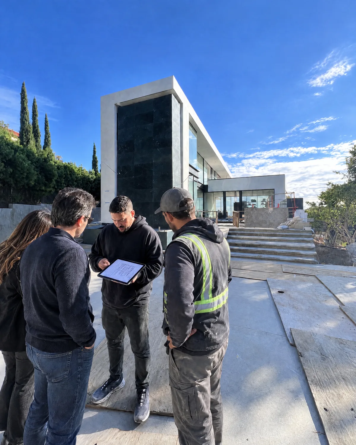Valley Vista Builders reviewing plans on an iPad with homeowners and a site lead in front of a modern Los Angeles home under construction